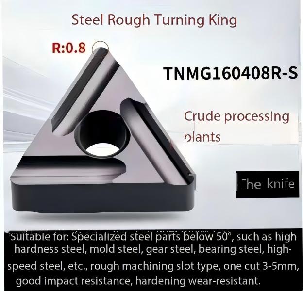 TNMG160408R-S negative triangle carbide turning insert with R0.8 nose radius, designed for heavy roughing of steel parts up to 50 HRC