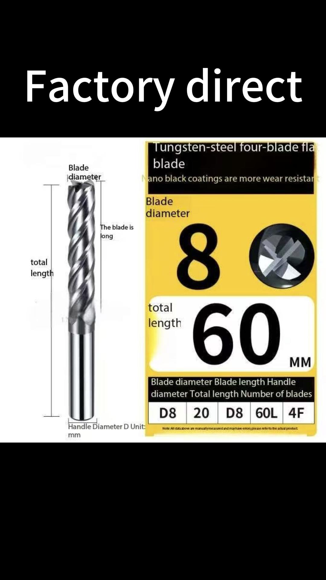 D8×60L nano black coated 4-flute tungsten steel flat end mill