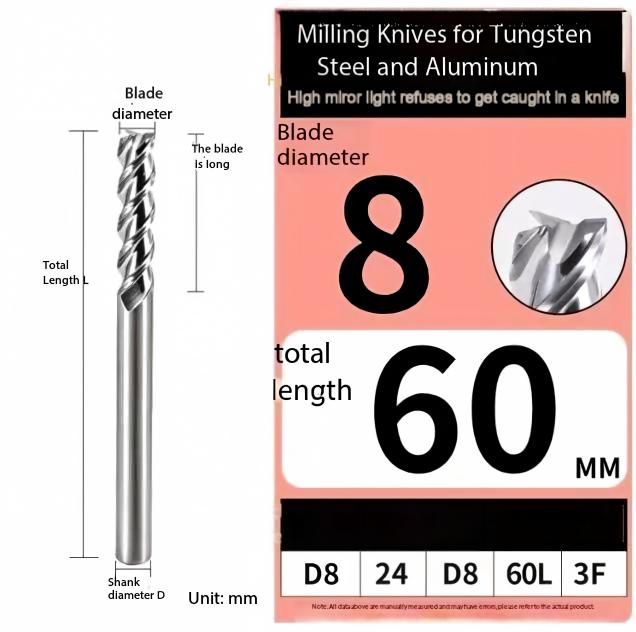 D8x60L 3-flute carbide end mill for high gloss aluminum CNC machining, featuring polished flutes and submicron grain substrate to prevent built-up edge on 6061-T6 alloy