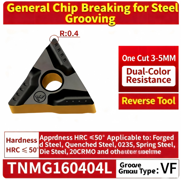 TNMG160404L-VF insert for heavy interrupted steel grooving, R0.4 corner